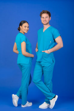 Unisex Kalıp Turkuaz Mavi Likralı Hemşire / Doktor Forması Scrubs (takım)