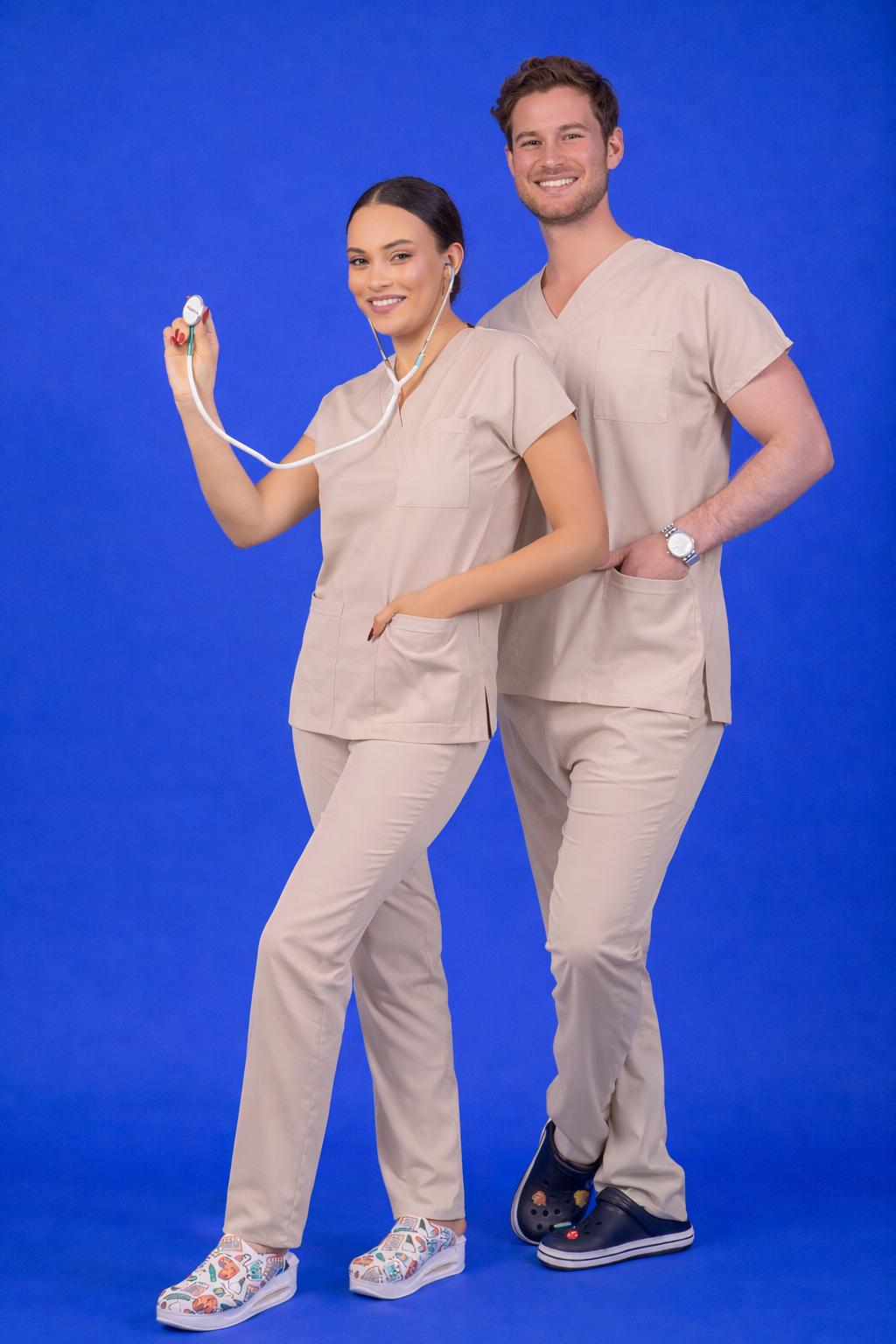 Unisex Kalıp Bej Likralı Hemşire / Doktor Forması Scrubs (takım)