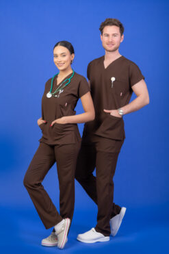 Tek Üst Unisex Kalıp Kahverengi Likralı Hemşire / Doktor Forması Scrubs