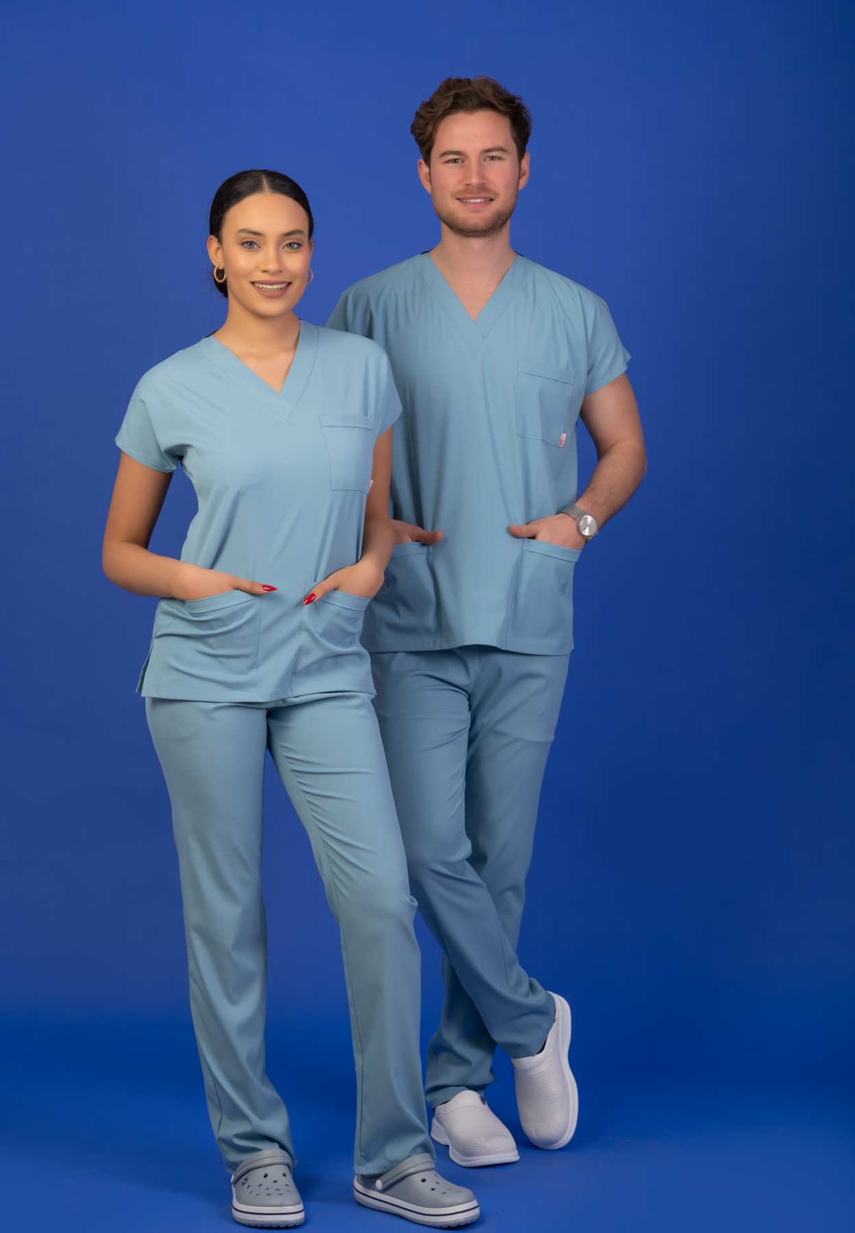 Tek Üst Unisex Kalıp Duman Mavisi Likralı Hemşire / Doktor Forması Scrubs