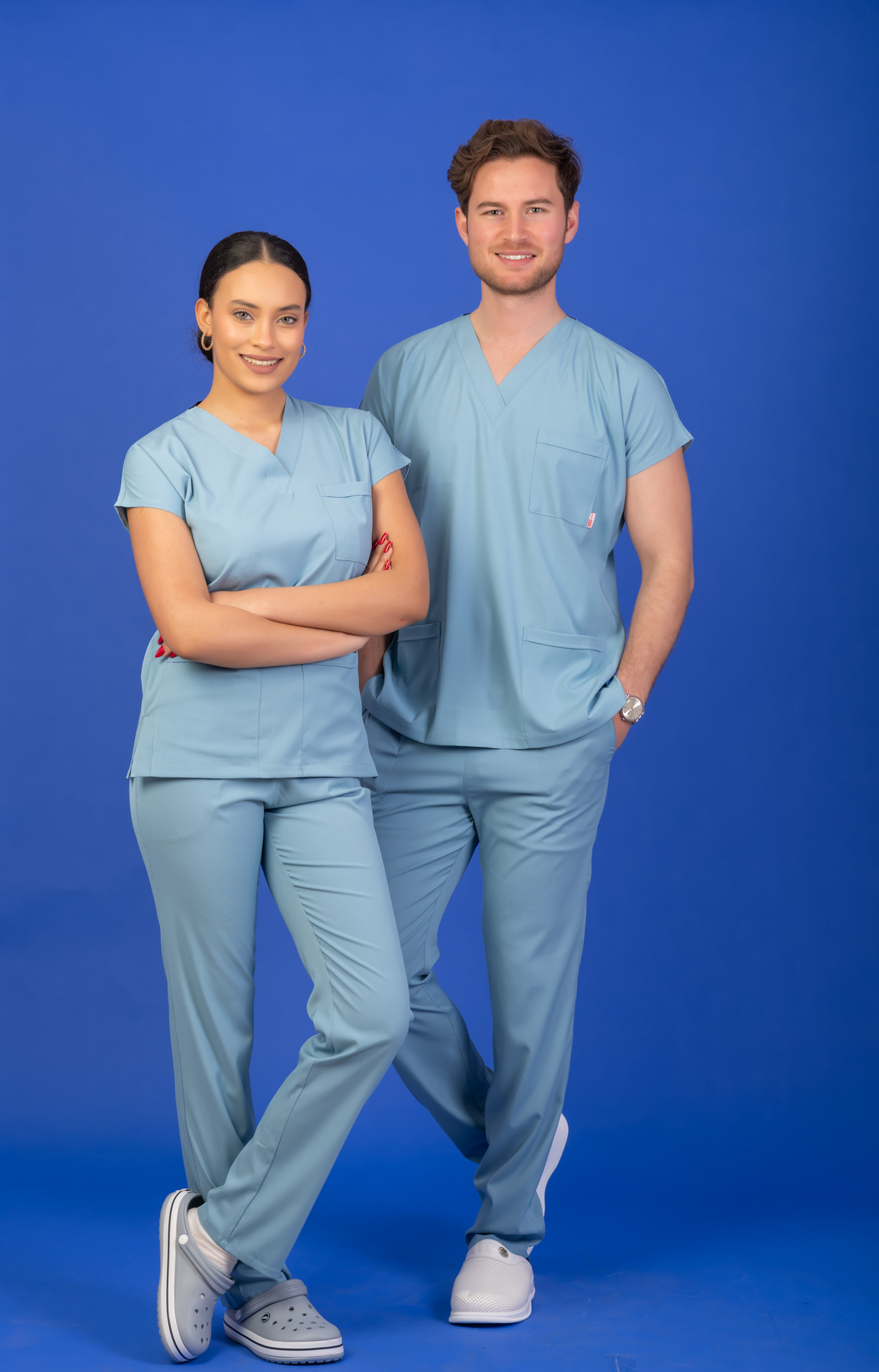 Tek Üst Unisex Kalıp Duman Mavisi Likralı Hemşire / Doktor Forması Scrubs - Görsel 2