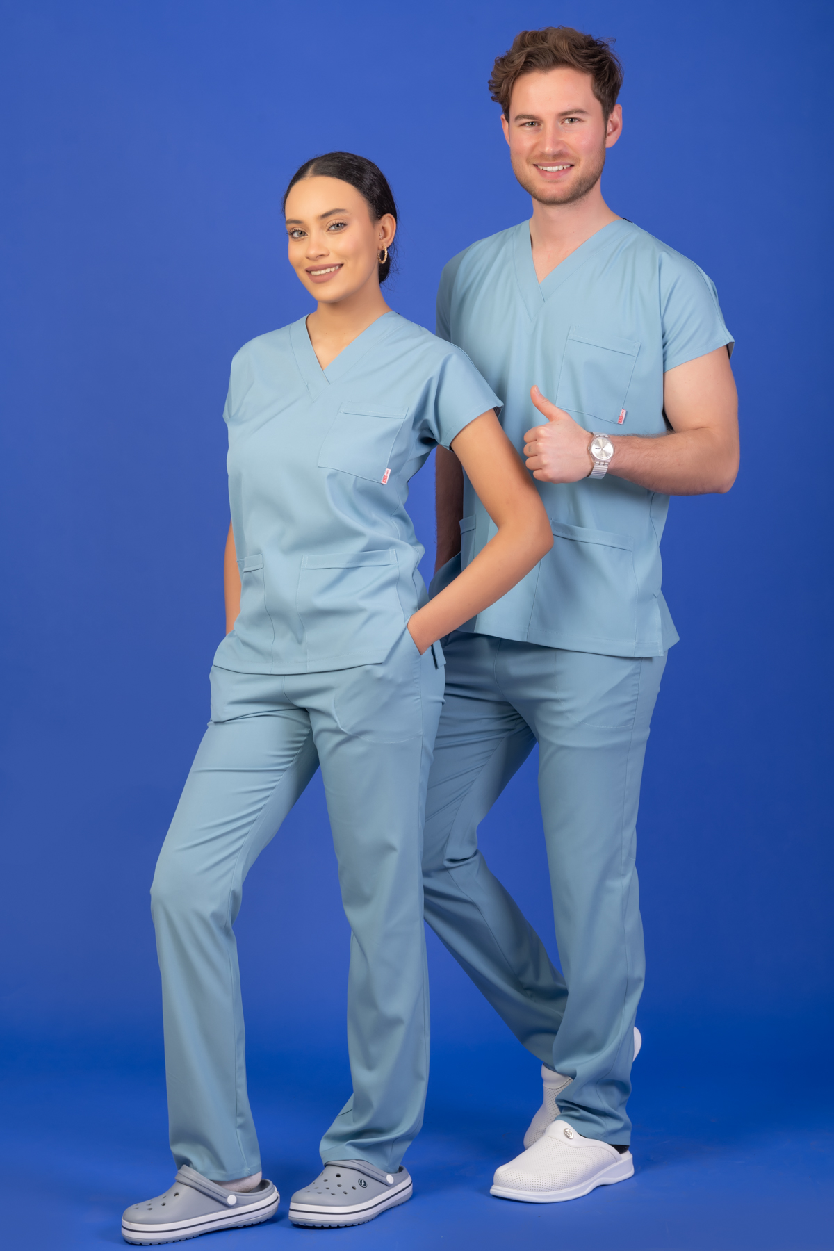 Tek Üst Unisex Kalıp Duman Mavisi Likralı Hemşire / Doktor Forması Scrubs - Görsel 3