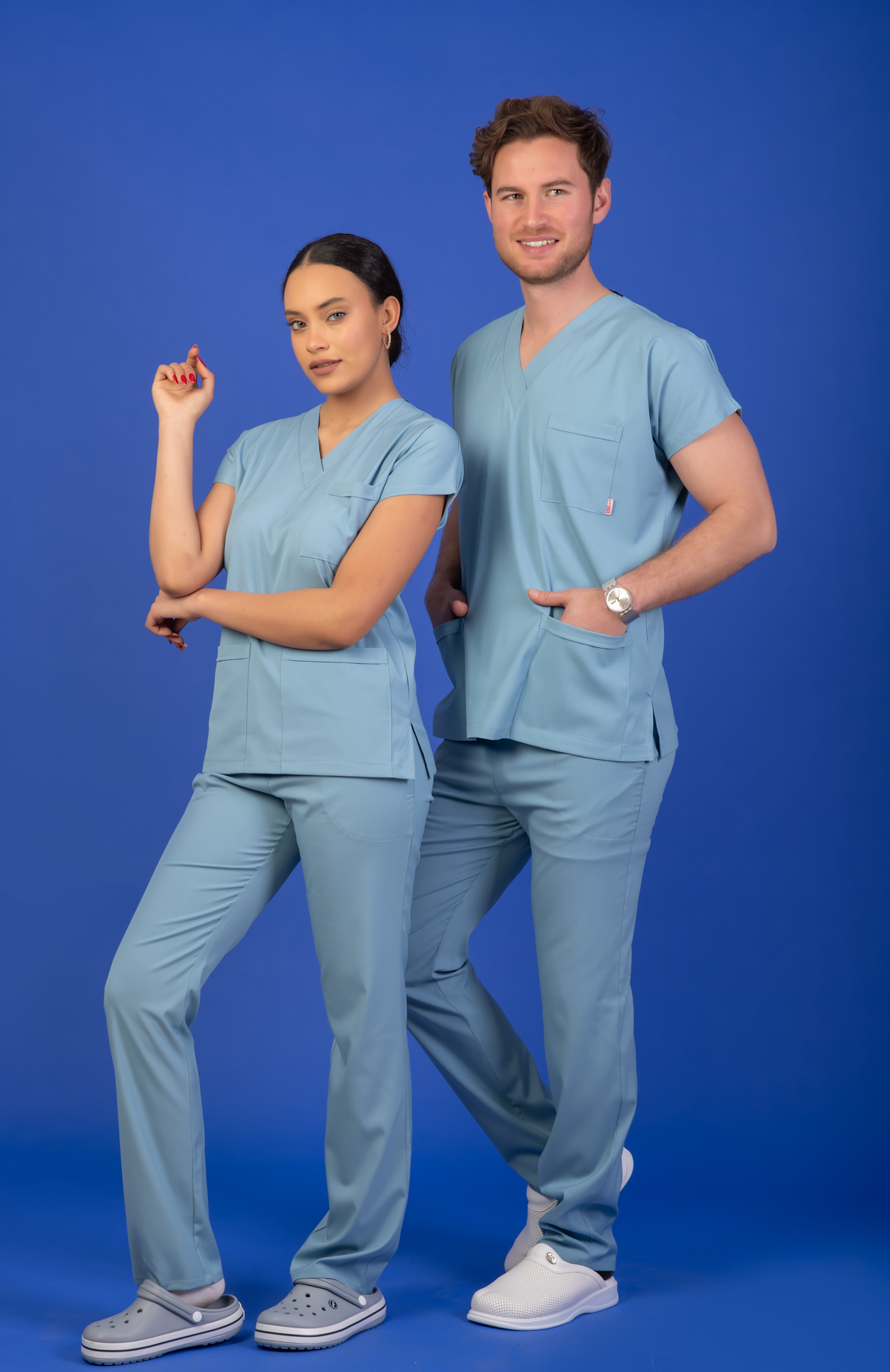 Tek Üst Unisex Kalıp Duman Mavisi Likralı Hemşire / Doktor Forması Scrubs - Görsel 4