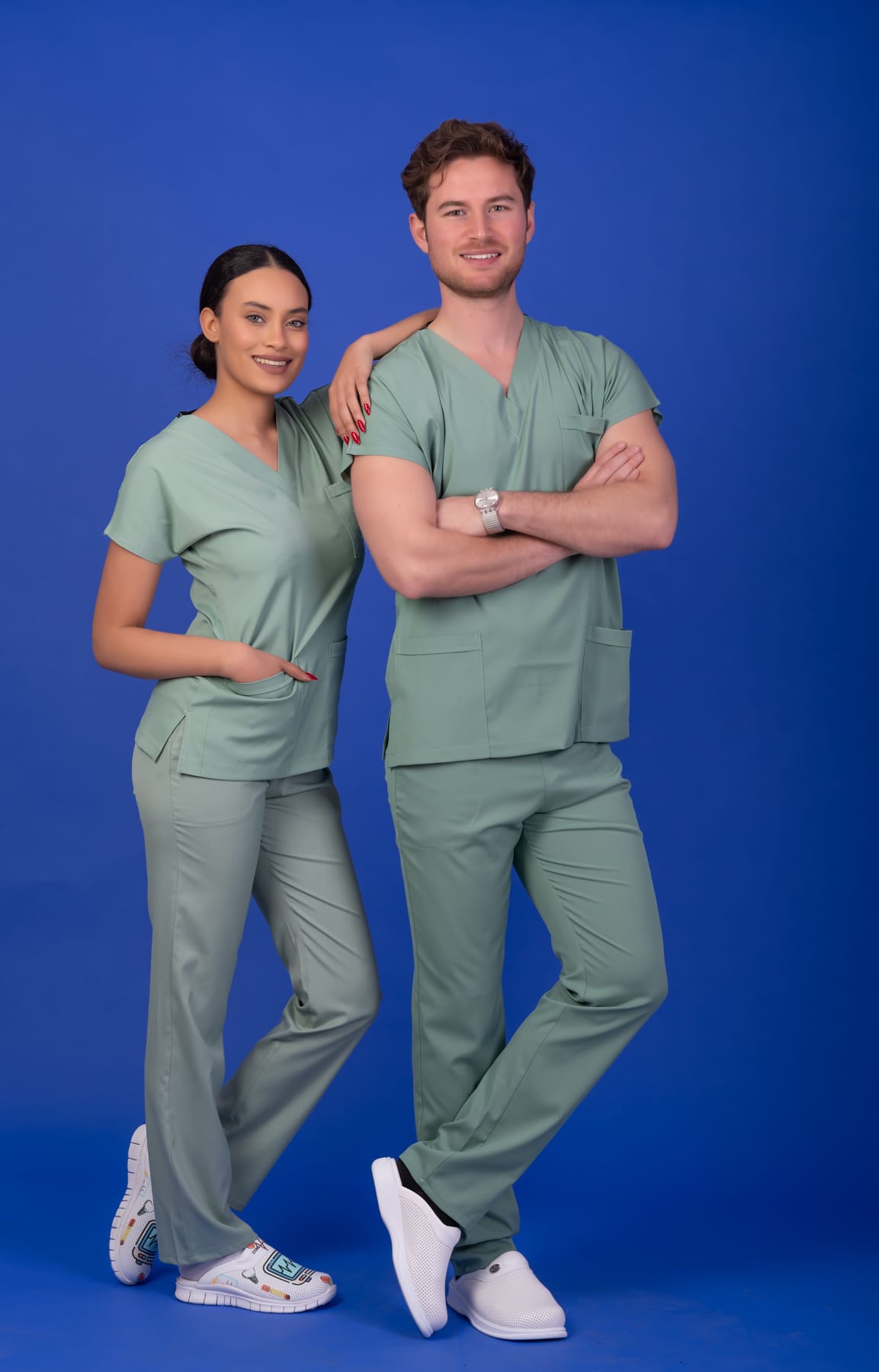 Tek Üst Unisex Kalıp Küf Yeşili Likralı Hemşire / Doktor Forması Scrubs - Görsel 3
