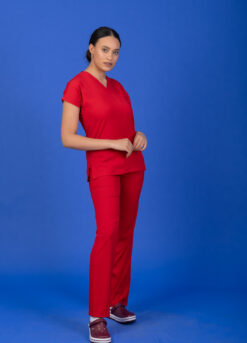 Tek Üst Unisex Kalıp Kırmızı Likralı Hemşire / Doktor Forması Scrubs