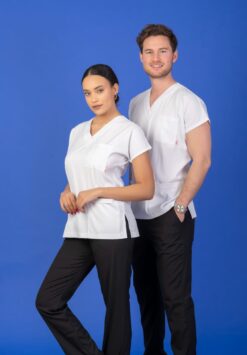 Unisex Kalıp Üst Beyaz / Alt Siyah Likralı Hemşire / Doktor Forması Scrubs (takım)