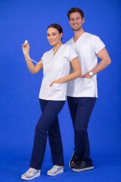 Unisex Kalıp Üst Beyaz / Alt Lacivert Likralı Hemşire / Doktor Forması Scrubs (takım)