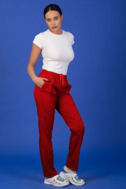 Unisex Kalıp Kırmızı Tam Lastikli Soft Likralı Hemşire / Doktor Scrubs Tek Pantolon