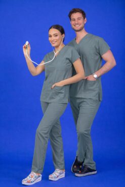 Unisex Kalıp Zeytin Yeşili Likralı Hemşire / Doktor Forması Scrubs (takım)