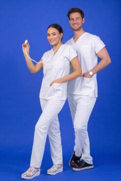 Tek Üst Unisex Kalıp Üst Beyaz Likralı Hemşire / Doktor Forması Scrubs