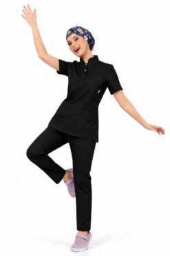 Likralı Siyah Slim Fit Bayan Premium Scrubs