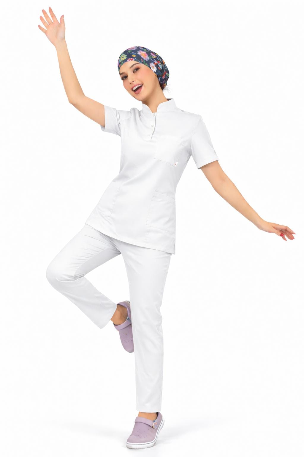 Likralı Beyaz Slim Fit Bayan Premium Scrubs
