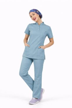 Likralı Duman Mavisi Slim Fit Bayan Premium Scrubs