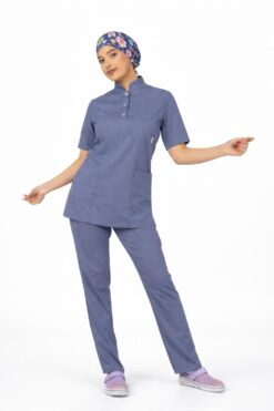 Likralı Fırtına Mavisi Slim Fit Bayan Premium Scrubs