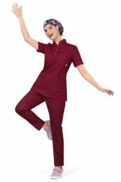 Likralı Bordo Slim Fit Bayan Premium Scrubs