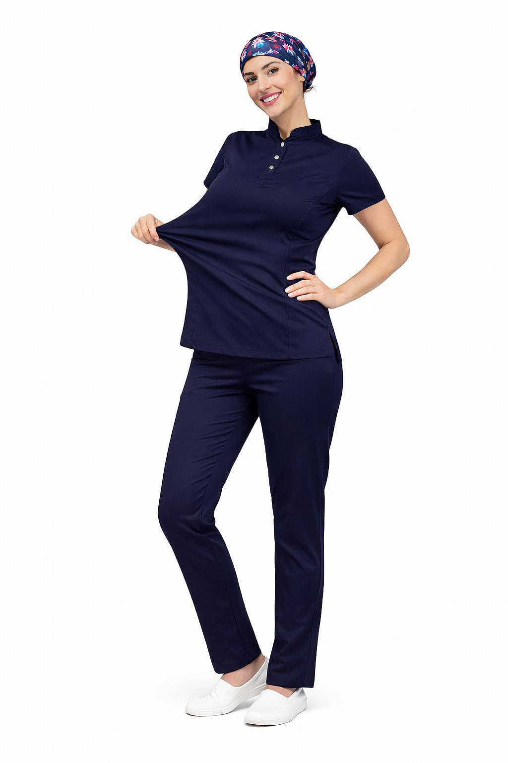 Likralı Lacivert Slim Fit Bayan Premium Scrubs