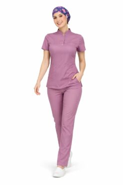 Likralı Pudra Slim Fit Bayan Premium Scrubs