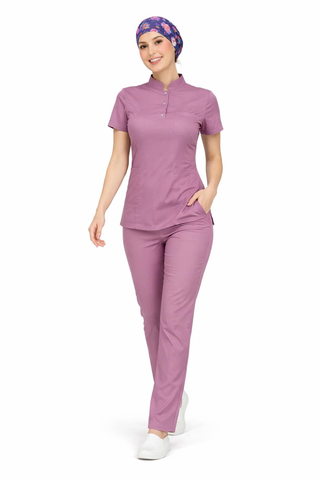 Likralı Pudra Slim Fit Bayan Premium Scrubs